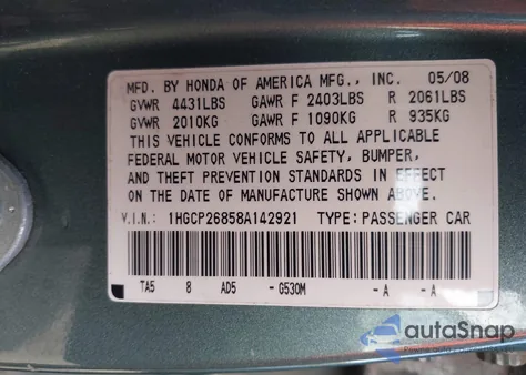 2008 Honda Accord 2.4 Ex-L из США, поврежденный, VIN 1HGCP26858A142921